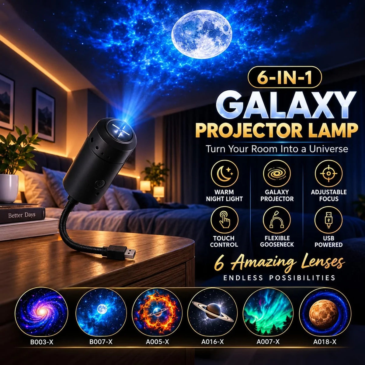 6 in 1 Galaxy Projector Lamp – 6 Lenses Included