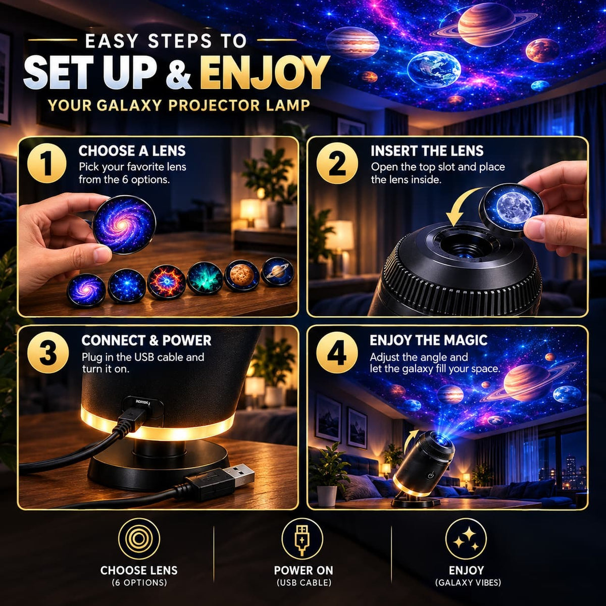 6 in 1 Galaxy Projector Lamp – 6 Lenses Included